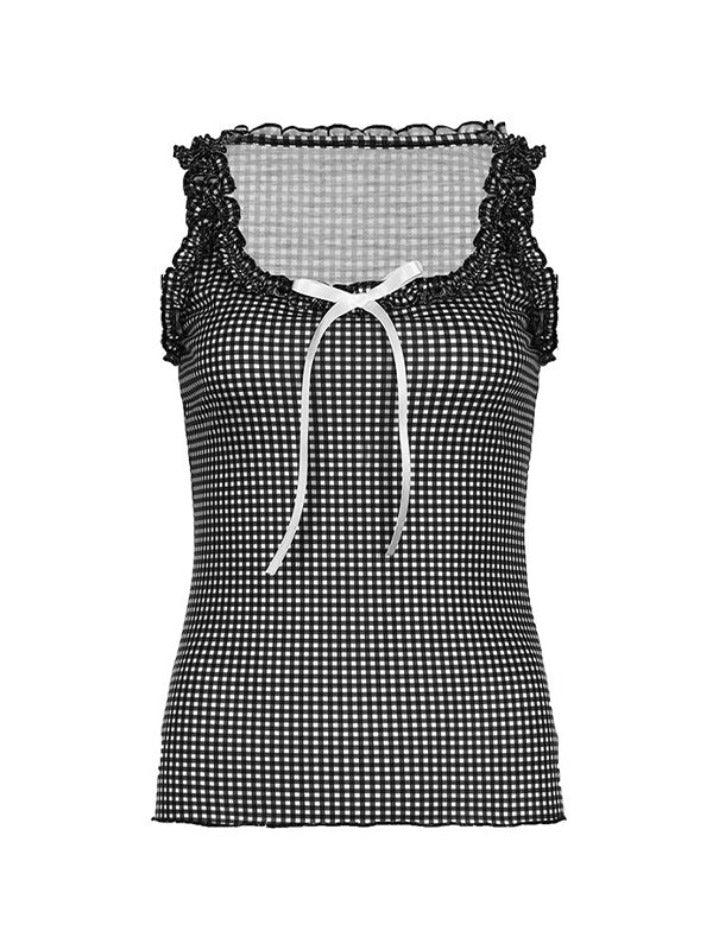 U Neck Fungus Bow Splice Plaid Print Tank Top - AnotherChill