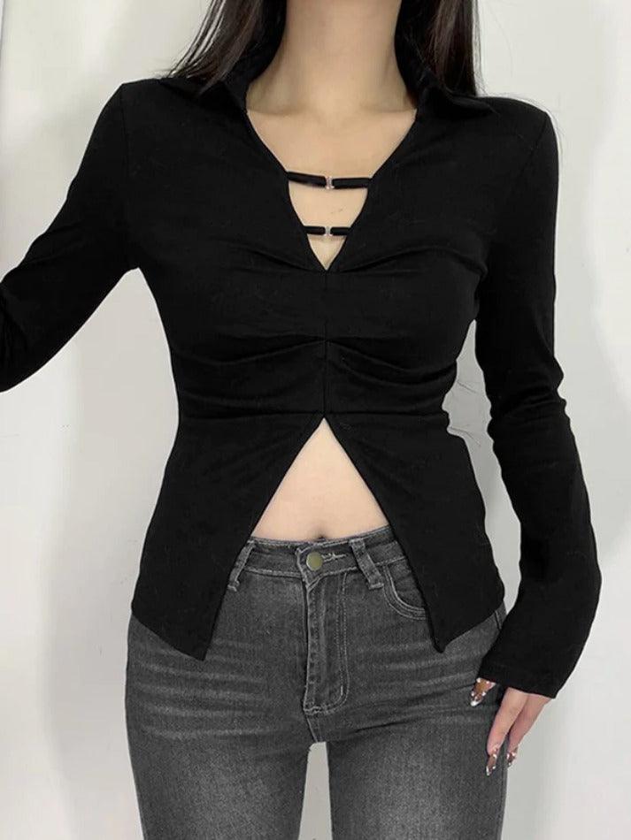 Solid V Neck Shirred Slit Long Sleeve Tee - AnotherChill