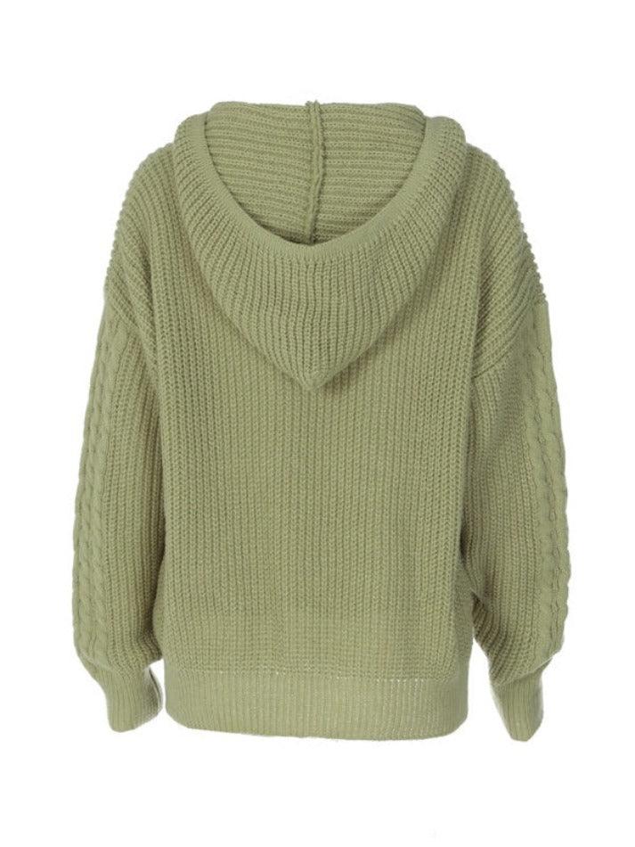 Solid Color Hooded Cable Knit Sweater - AnotherChill