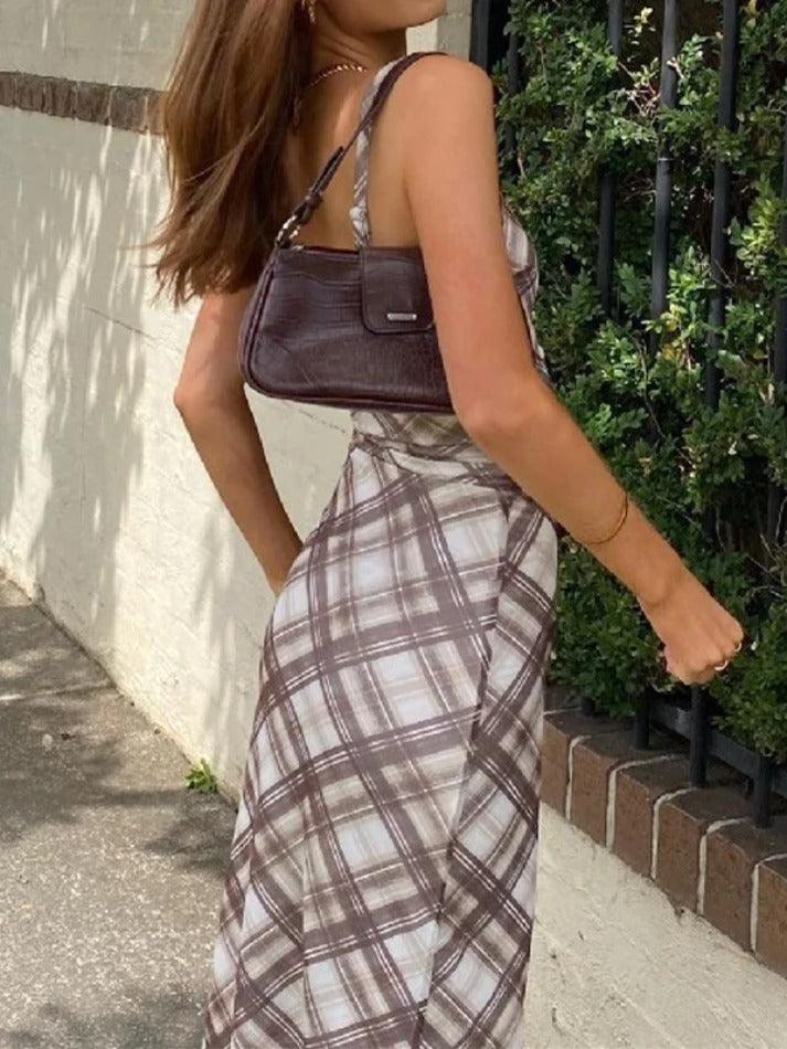 Plaid Print V Neck Midi Dress - AnotherChill