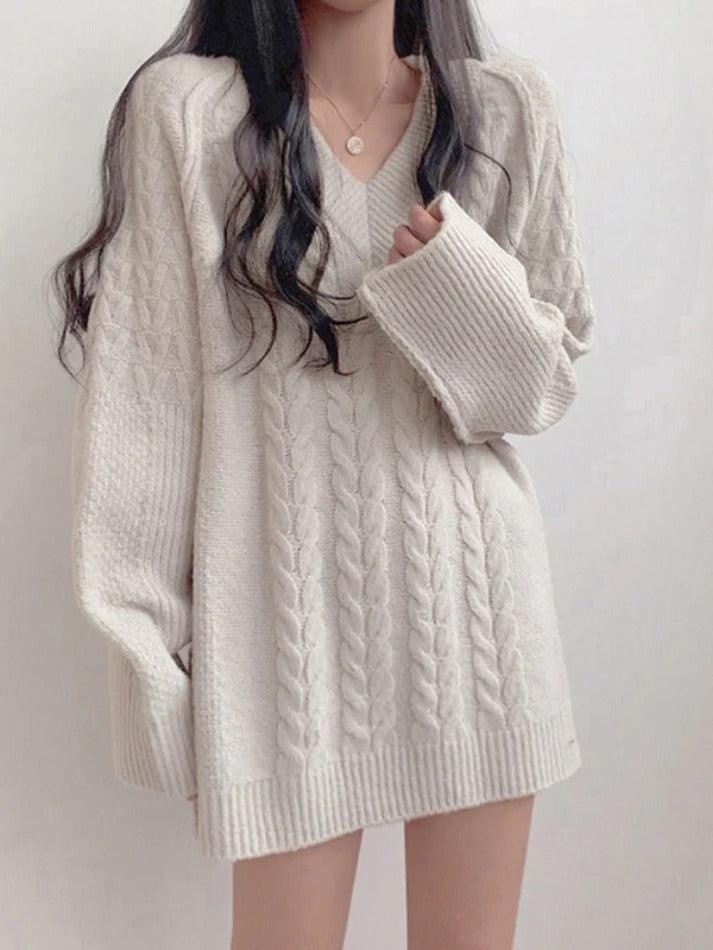 Solid Color V Neck Cable Knit Sweater - AnotherChill