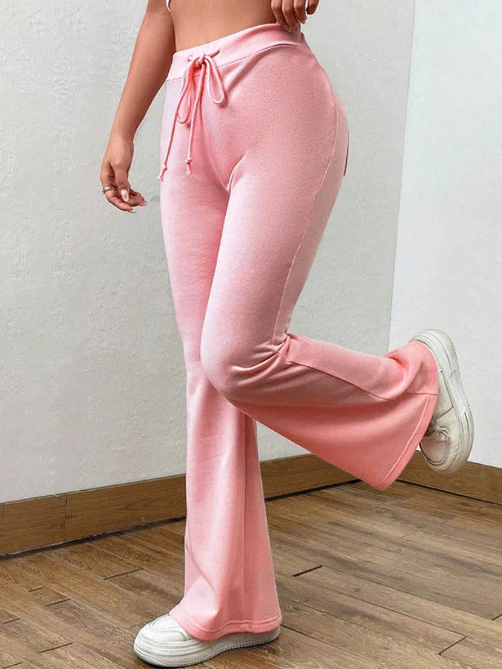 Solid Drawstring Flare Leg Pants - AnotherChill