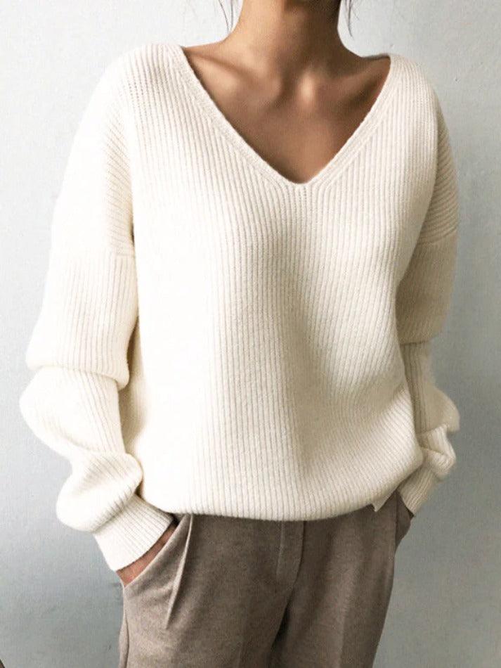 Solid V Neck Irregular Hem Baggy Knit Sweater - AnotherChill