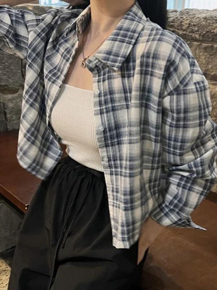 Vintage Plaid Short Loose Long Sleeve Blouse - AnotherChill