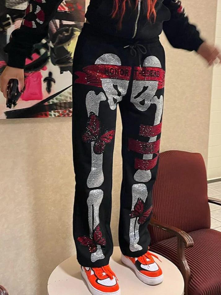 Gothic Skull Rhinestone Print Sweatpants - AnotherChill