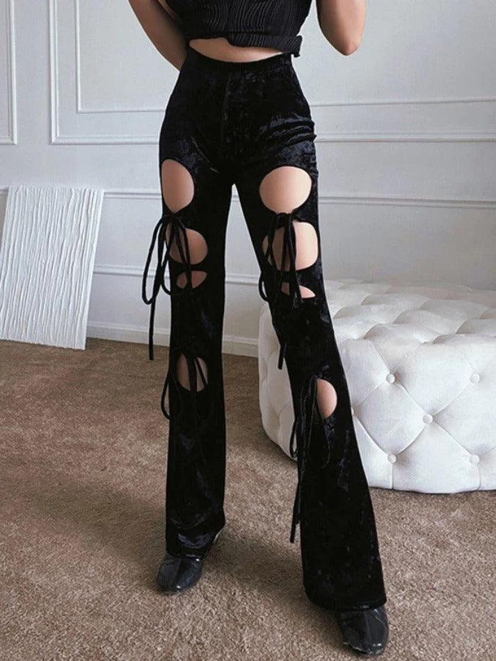 Lace Up Cutout Velvet Flare Leg Pants - AnotherChill