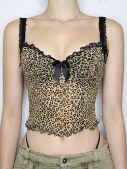 Leopard Print Bow Lace Splice Cami Top - AnotherChill