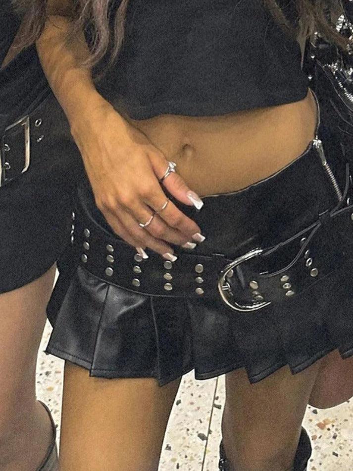 Punk Rivet Belted Pleated Slit Leather Mini Skirt - AnotherChill