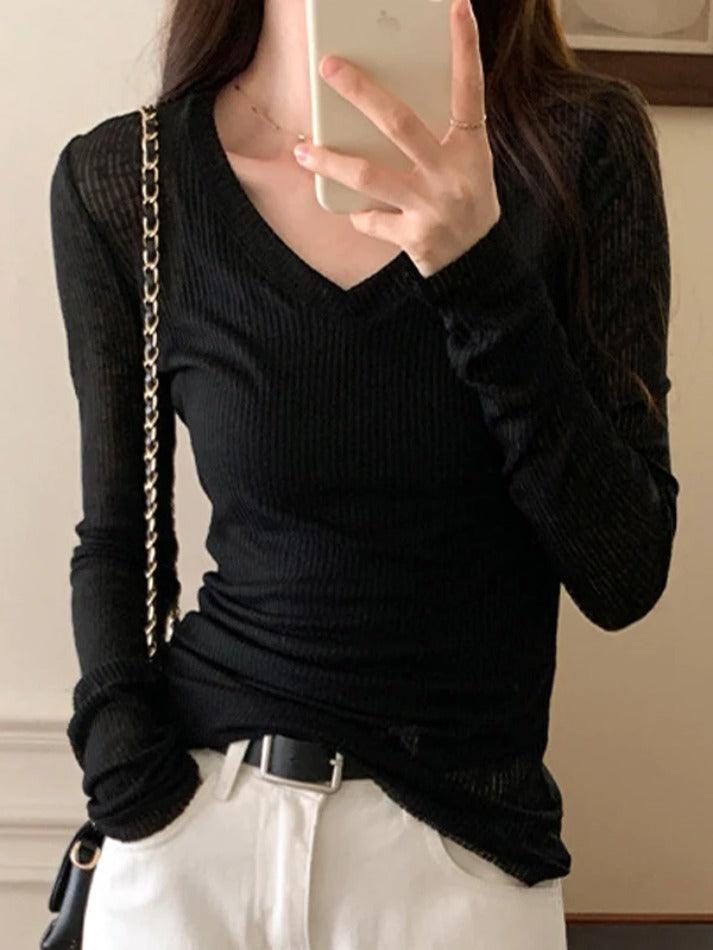 Ribbed V Neck Slim Long Sleeve Knit - AnotherChill