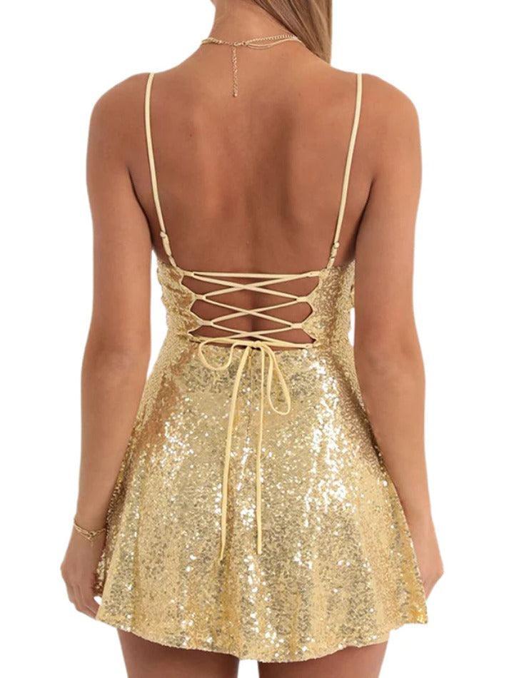 Sequin Backless Tie Up Mini Dress - AnotherChill