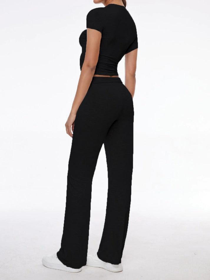 Short Sleeve Cropped Top Straight Leg Pants Set - AnotherChill