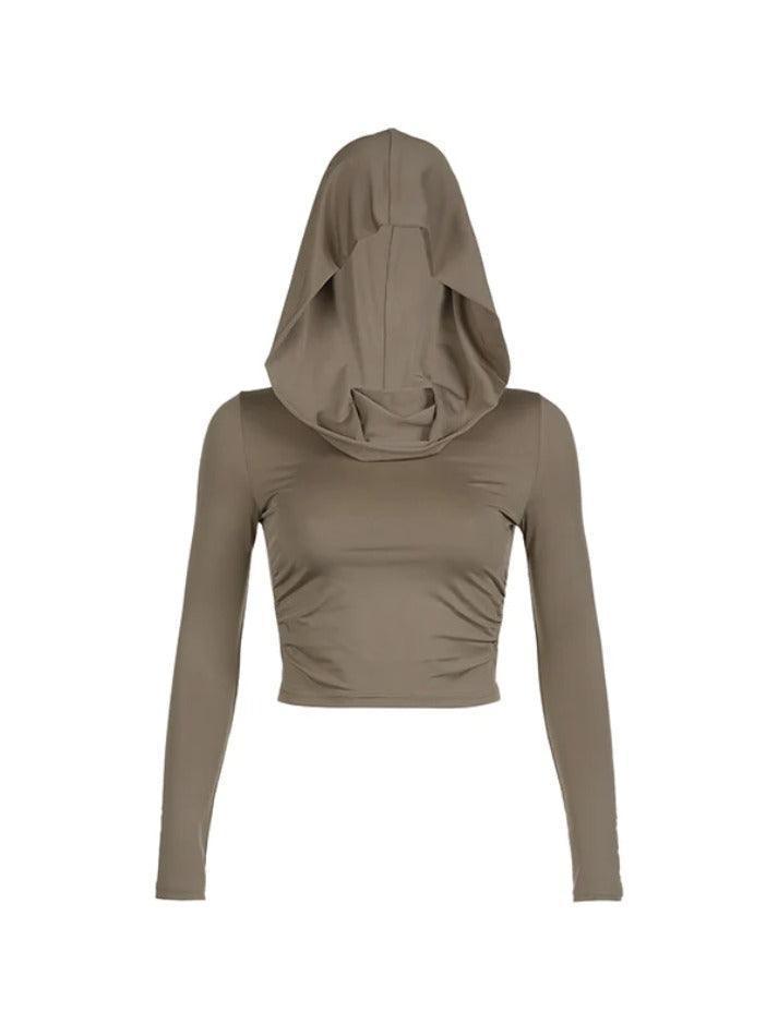 Solid Color Pleated Hooded Crop Long Sleeve Tee - AnotherChill