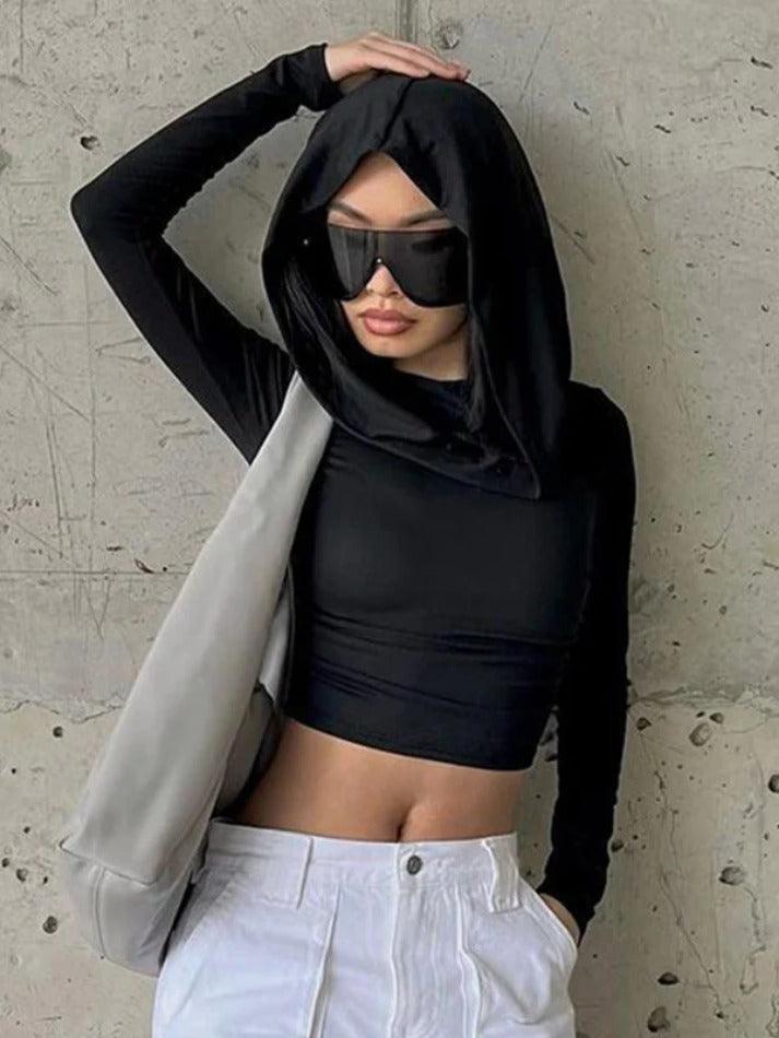 Solid Color Pleated Hooded Crop Long Sleeve Tee - AnotherChill