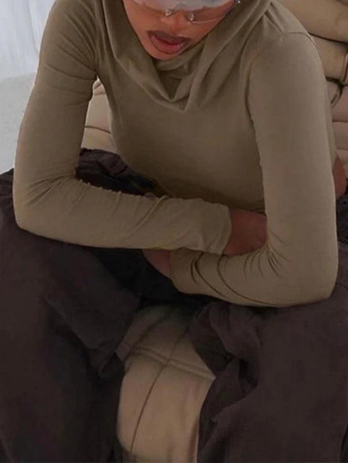 Solid Color Pleated Hooded Crop Long Sleeve Tee - AnotherChill