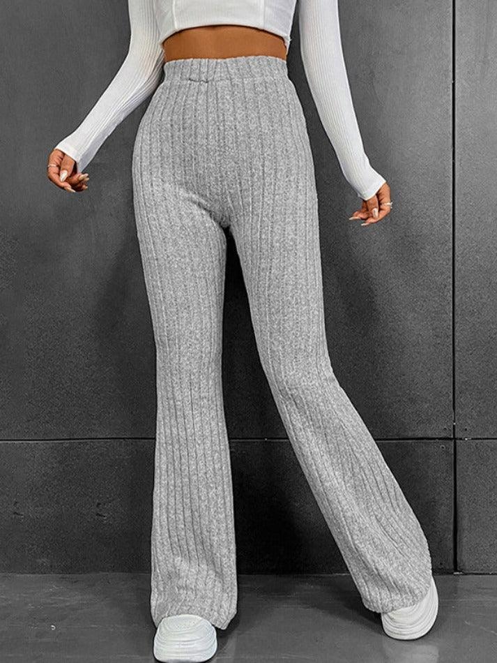 Solid Color Ribbed High Waist Flare Leg Pants - AnotherChill