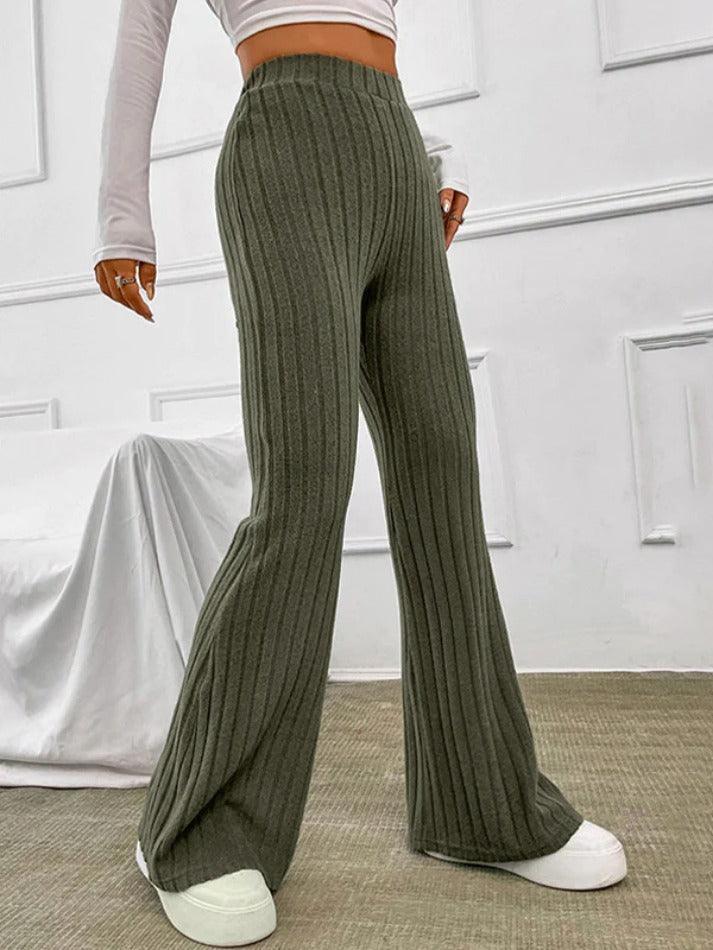Solid Color Ribbed High Waist Flare Leg Pants - AnotherChill