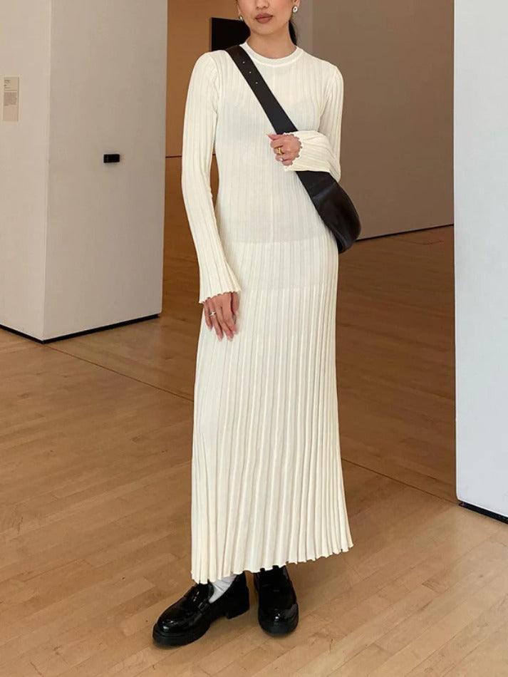 Solid Color Wide Ribbed Design Slim Knit Maxi Dress - AnotherChill