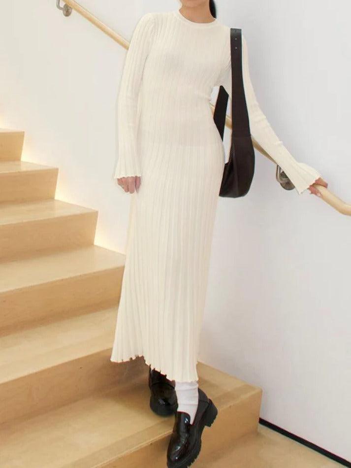 Solid Color Wide Ribbed Design Slim Knit Maxi Dress - AnotherChill