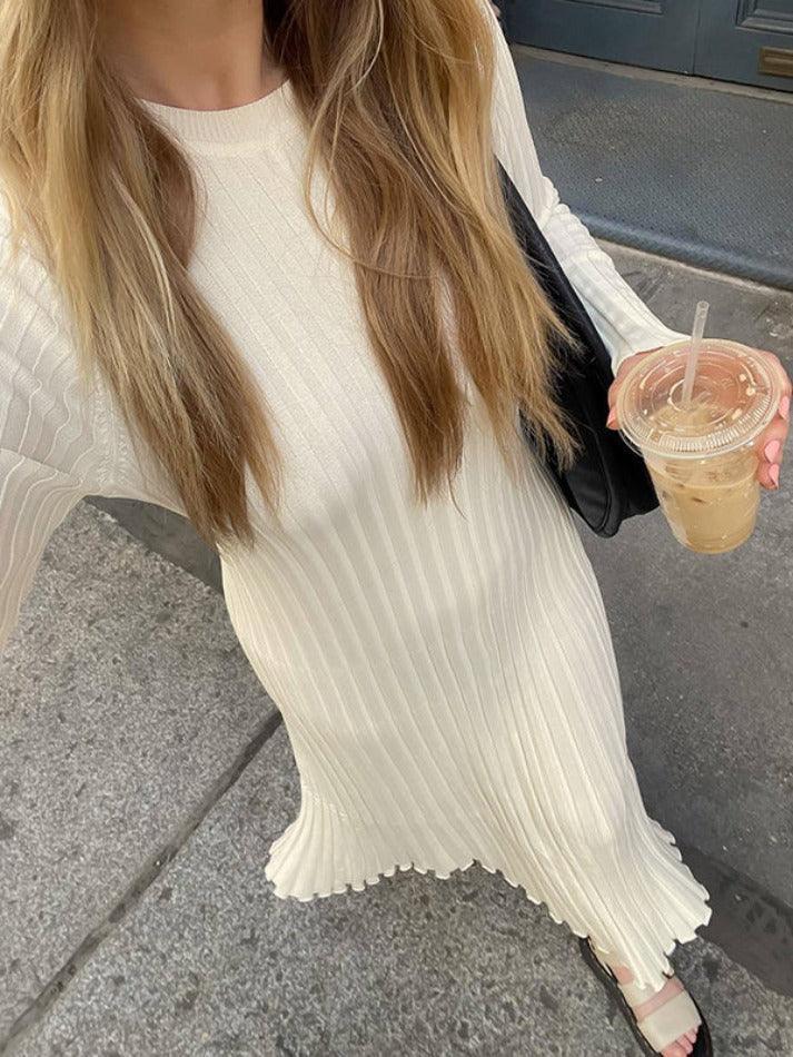 Solid Color Wide Ribbed Design Slim Knit Maxi Dress - AnotherChill