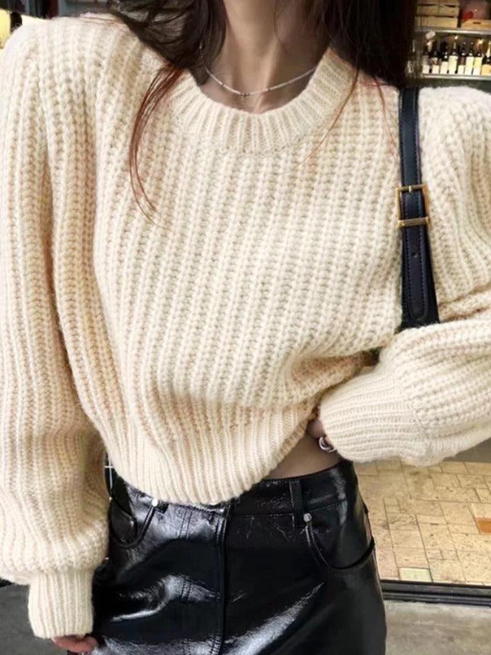 Solid Lantern Sleeve Short Knit Sweater - AnotherChill