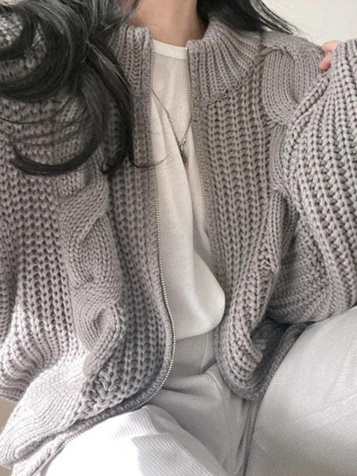 Solid Zip Up Crochet Cable Knit Cardigan - AnotherChill