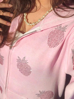 Strawberry Rhinestone Print Zip Up Oversized Hoodie - AnotherChill