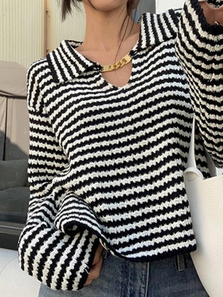 Stripe Lapel Neck Chain Decor Sweater - AnotherChill