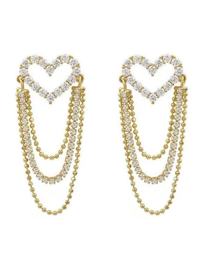 Tassel Chain Rhinestone Heart Earring - AnotherChill