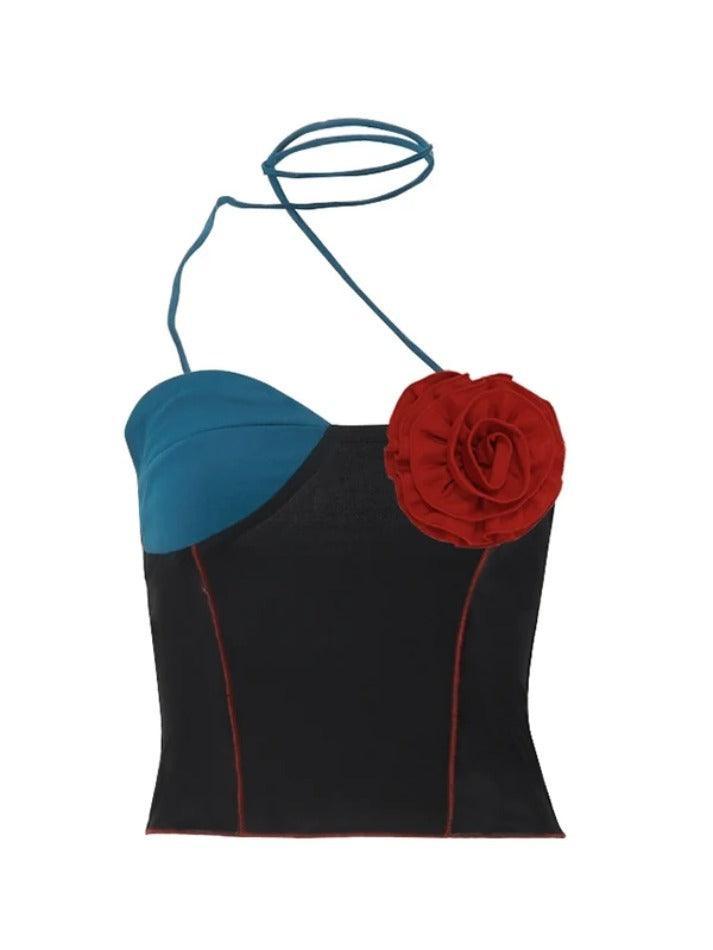 Three-dimensional Flower Decor Splice Halter Vest - AnotherChill