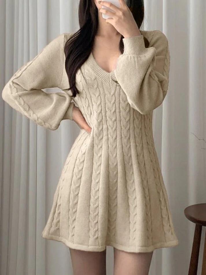 V Neck Long Sleeve Sweater Dress - AnotherChill