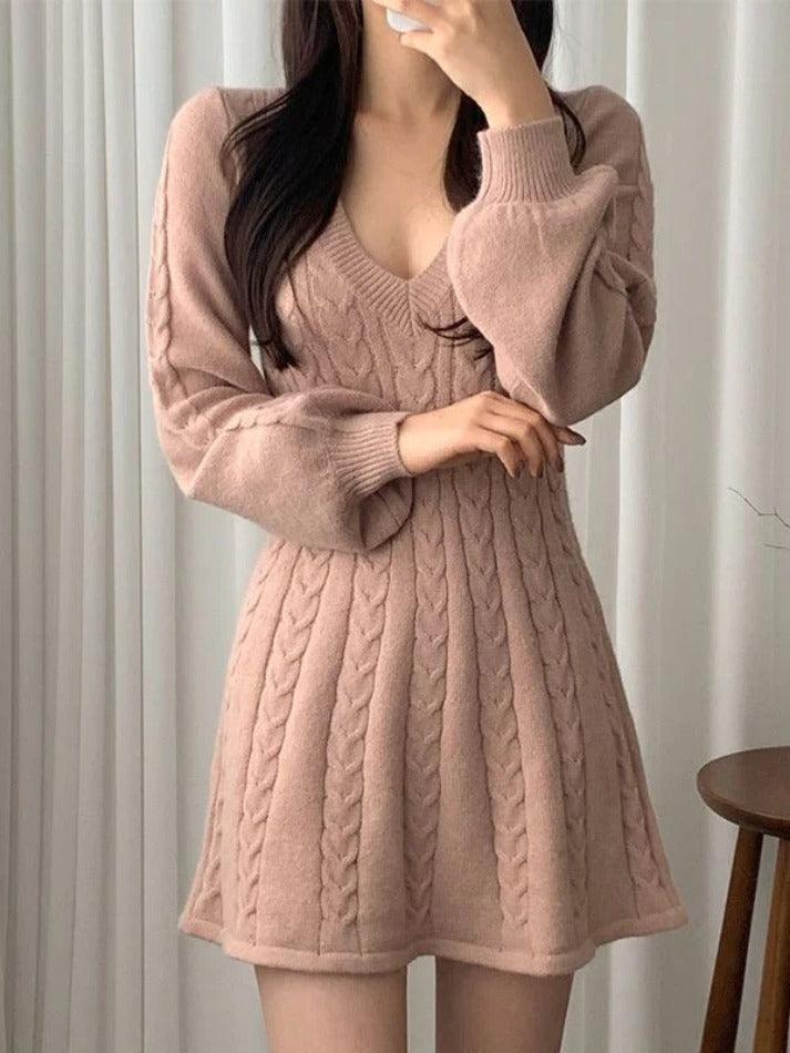 V Neck Long Sleeve Sweater Dress - AnotherChill