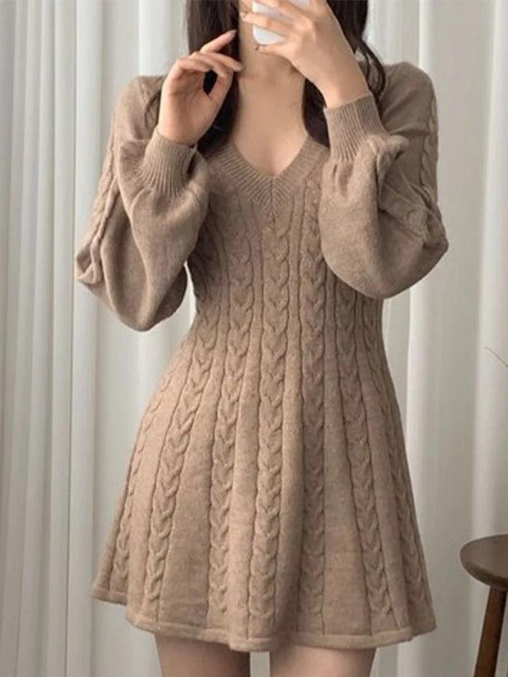 V Neck Long Sleeve Sweater Dress - AnotherChill