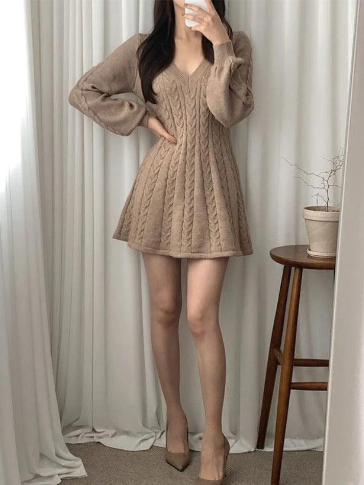 V Neck Long Sleeve Sweater Dress - AnotherChill