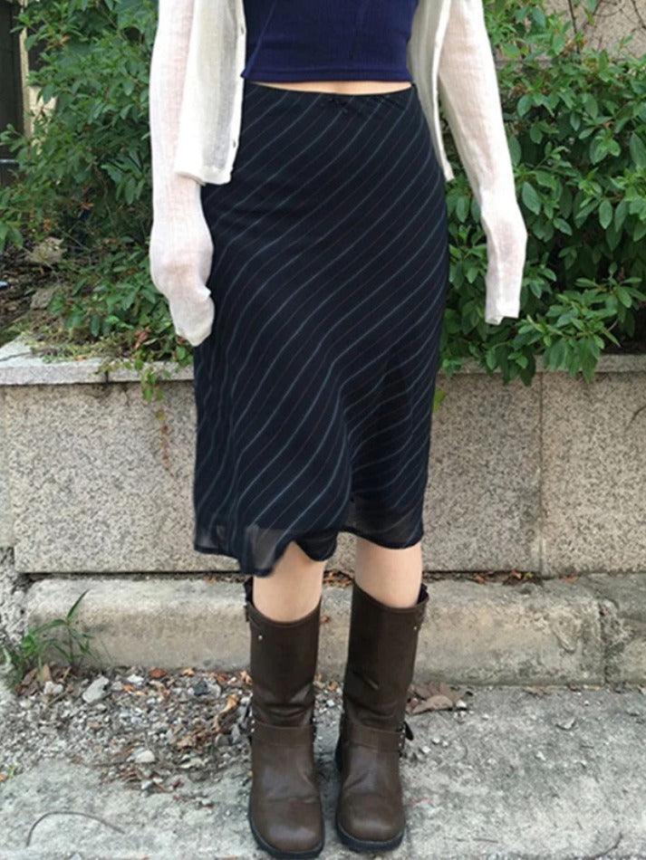 Vintage Stripe Double Layered Mesh Midi Skirt - AnotherChill