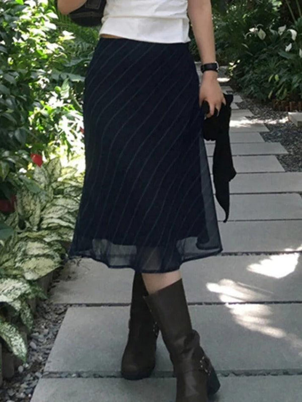 Vintage Stripe Double Layered Mesh Midi Skirt - AnotherChill