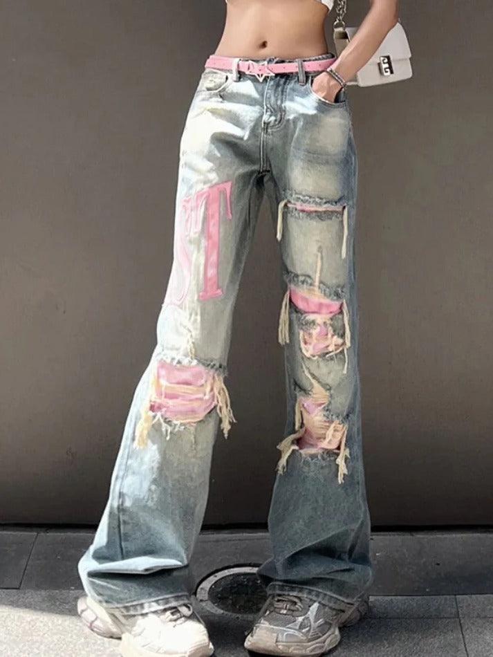 Y2K Pink Ripped Embroidery Boyfriend Jeans - AnotherChill